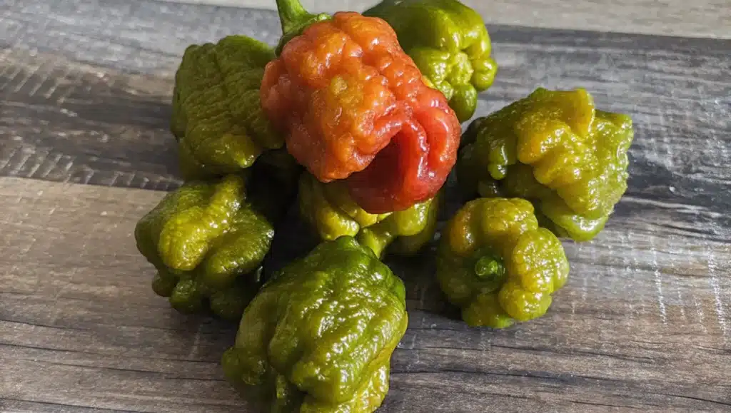 Gros plan d'un piment Pepper X, révélant sa texture et sa forme unique.