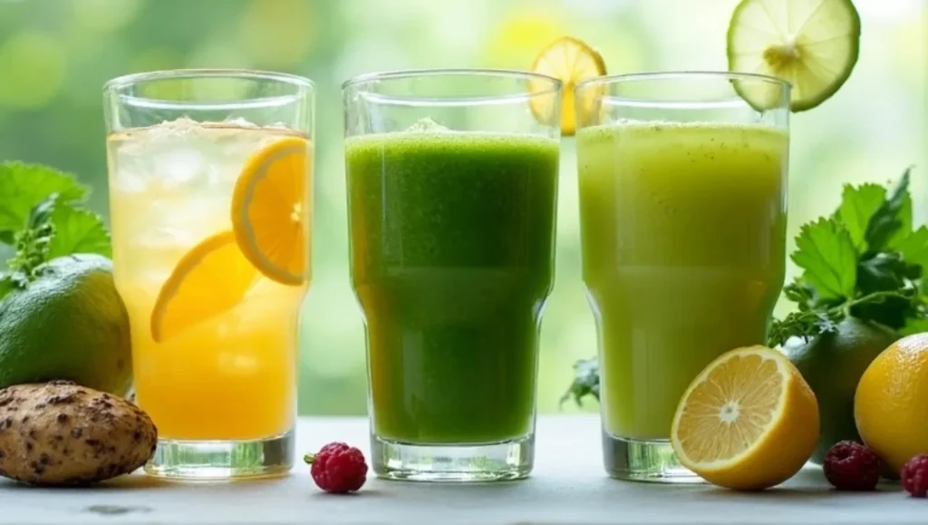 3 recettes de boissons alcalinisantes rapides : citron, smoothie vert, infusion.