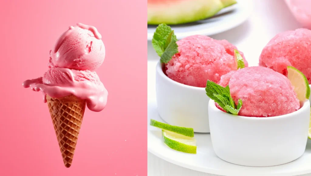 Comparaison des textures du sorbet framboise Thermomix : texture onctueuse en cornet et texture ferme en boule dans une coupe.