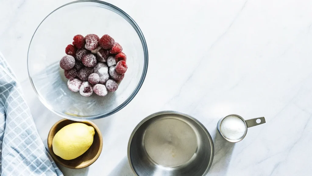 Ingrédients pour la recette du sorbet framboise Thermomix : framboises surgelées, sucre glace, citron et blanc d'œuf prêts à être mixés.