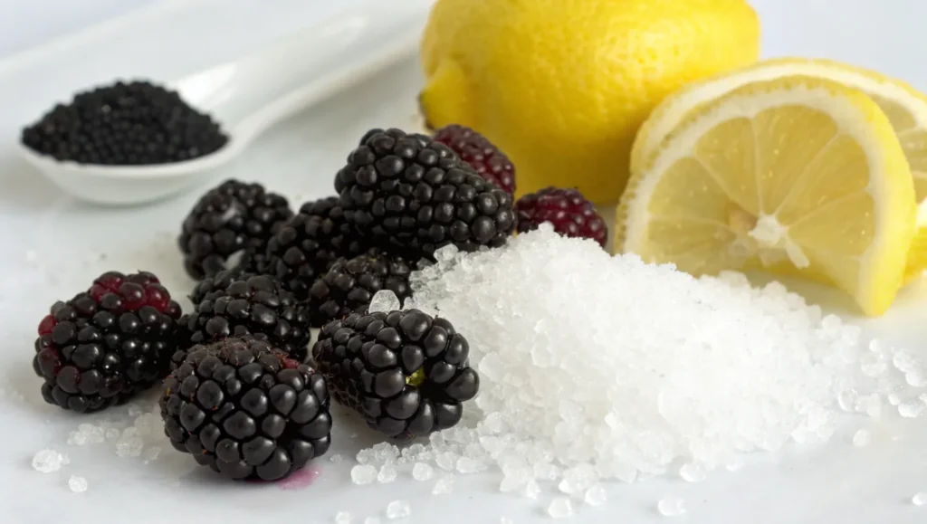 Ingrédients pour confiture de mûres Thermomix - Mûres/sucre/citron bio