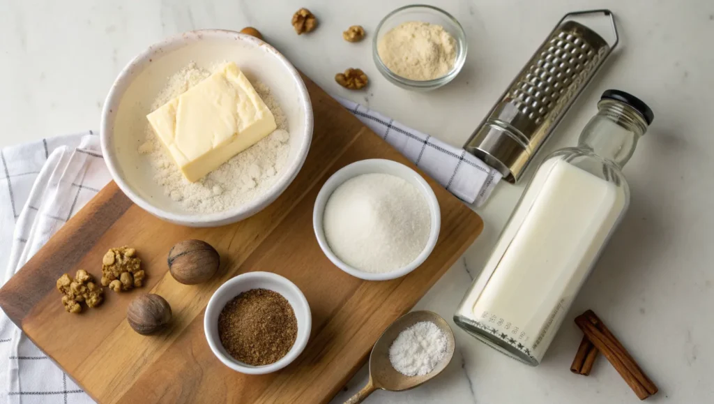 Ingrédients simples pour la recette de sauce béchamel facile au Thermomix : lait, beurre, farine, sel, poivre et muscade.