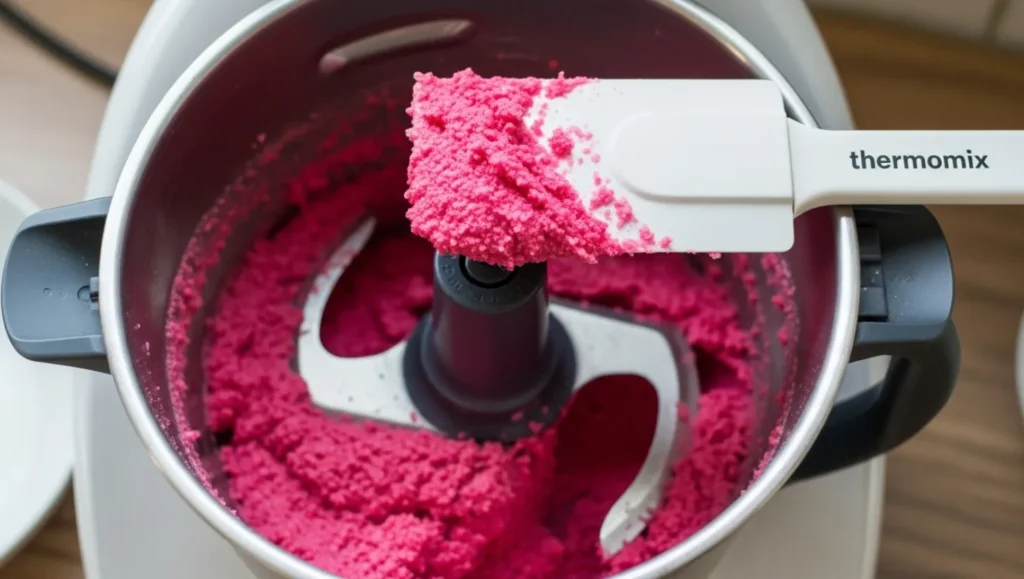 Texture du sorbet framboise après le premier mixage dans le bol du Thermomix